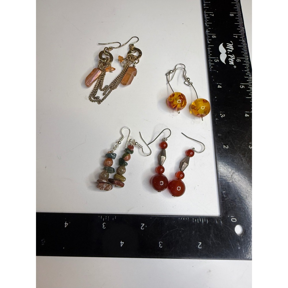 Lot of 4 Pairs Dangle Earrings Natural Stone Jasper Agate Crystal Glass Boho